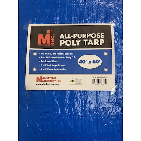Mutual Industries Tarp, 40 ft x 60 ft, 5 Mil, Blue, UV Resistant, Mildew Resistant 14963-25-4060